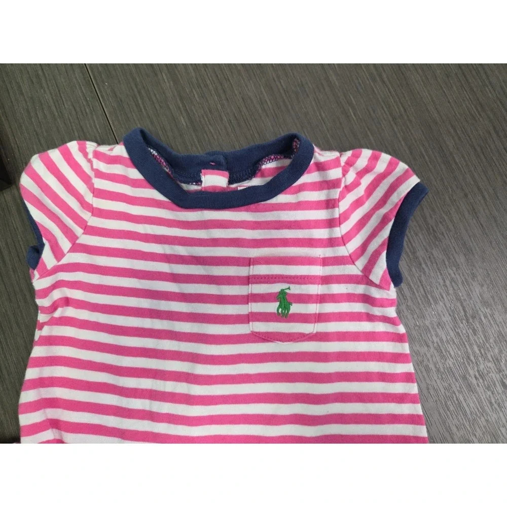 Ralph Lauren Baby Girl 3 months Pink Striped Dress Blue Eyelet Peplum Hem Logo